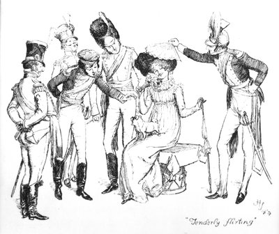 ジェーン・オースティンの「プライドと偏見」のイラスト、「優しくいちゃつく」、1894年に出版された版 作： Hugh Thomson